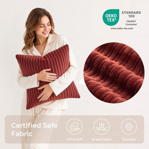 Kevin Textile Striped Corduroy 18”x18” Pillow Covers 2 Pack, Burnt Brick