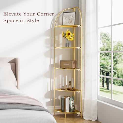 Crofy 5-Tier Foldable Corner Shelf, Metal Gold Frame & Shelves