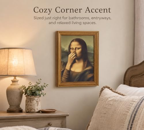 CXKAWM Gold Framed Funny Mona Lisa Holding Nose Bathroom Wall Art12 x 16 in | Mona Lisa Bathroom Wall Decor Picture Humor Amusing Toilet Poster Print for Restroom Bathroom Home decoration