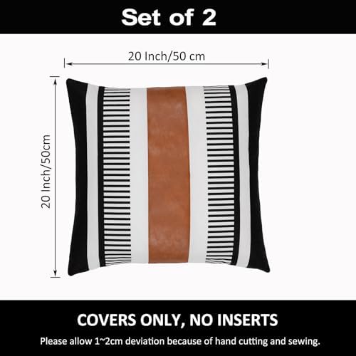 Pack of 2 Faux Leather and Cotton Patchwork Throw Pillow Covers for Sofa Couch Farmhouse Decorative Square Cushion Cover Boho Stripe Accent Pillow Case 20 x 20 Inch, Black