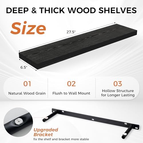 Fun Memories 27.5 Inch Deep Floating Shelves, Set of 2 Heavy Duty Wall Mounted Shelves with Invisible Brackets, Large Rustic Wood Storage Bookshelf for Living Room, Bathroom and Kitchen, Black