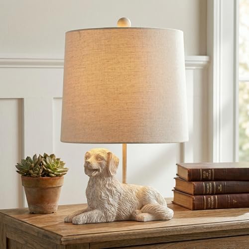18.5" Distressed White Retriever Dog Table Lamp, Oatmeal Hardback Shade