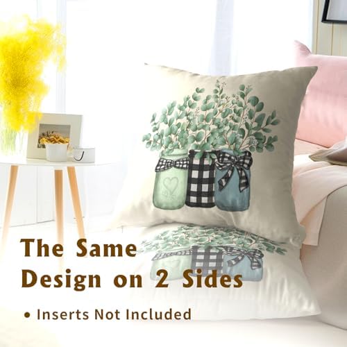 Eucalyptus Leaves Throw Pillow Covers Set of 2 Spring Green Botanical Plaid Jar Vase Print Decorative Pillowcase Summer Seasonal Natural Farmhouse Cushion Cover for Home Sofa Bedroom Porch 16x16 in