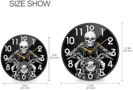 Naanle Chic Skull Guy Riding Motorcycle Round Wall Clock, 9.5 Inch Silent Battery Operated Quartz Analog Quiet Desk Clock for Home,Office,School