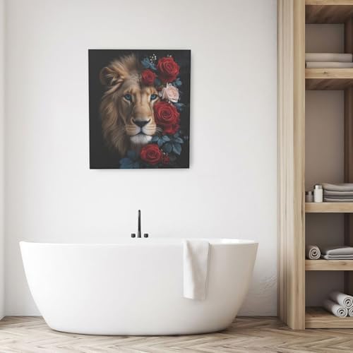 Crekviy Lion Wall Art Lion Pictures Wall Decor Red Rose Canvas Prints Painting Artwork Decoration for Office Bathroom Bedroom Living Room Framed Gifts 20"x24"