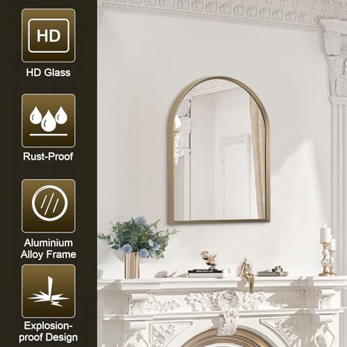 Bathroom Arched Wall Mirror Brushed Metal Vanity Wall Mounted Mirror for LivingRoom Bedroom Entryway Room Vanity Home Decor 16"x12"