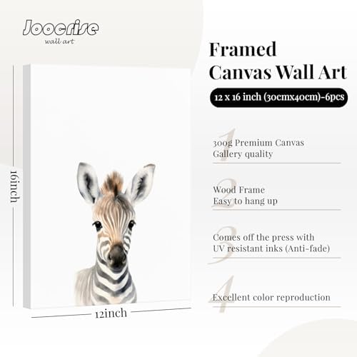 Safari Nursery Wall Art Decor Set of 6 Baby Animal Wall Art Kids Canvas Wall Art Safari Nursery Pictures Jungle Animal Prints Baby Boy Art Giraffe Painting for Room Bedroom 12x16 Inch Framed