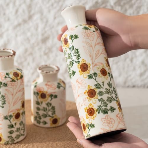 Vintage Ceramic Flower Vase Set of 3, Rustic Farmhouse Vase for Home Decor, Distressed Decorative Vase for Table Entryway Mantel Centerpiece Living Room Bathroom Bedroom (Sunflower Crackle)