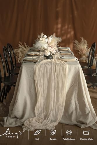 Ling's Moment Ivory Gauze Cheesecloth Table Runner, 14FT (168 Inch)