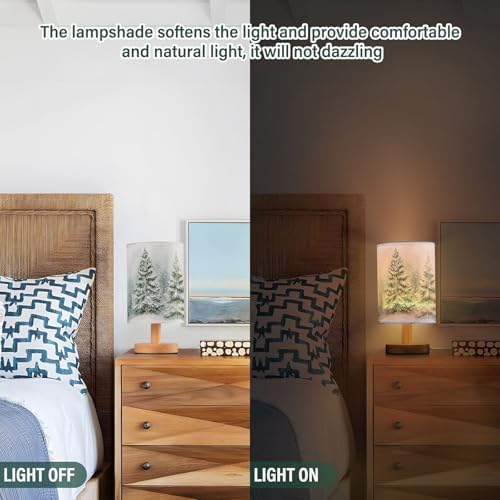 Farmhouse Christmas Trees Snowy Winter Bedside Table Lamps with USB Port for Bedroom Lamp Accent Table Lamp Small Nightstand Lamp Sturdy Linen Shade Wooden Decorative Lamps for Home|Kids|Holiday