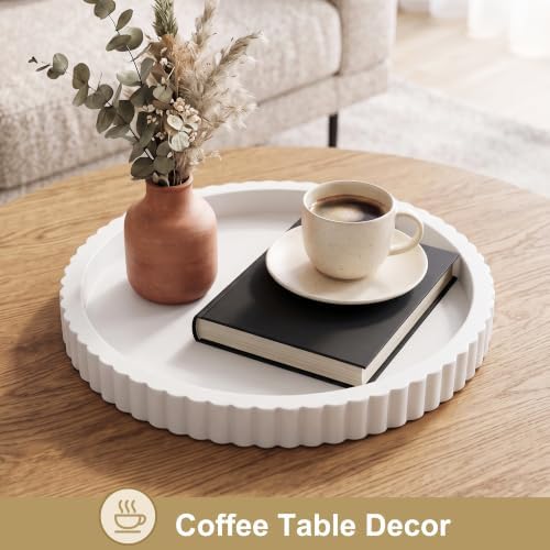 FGU 2 Pack Round Wood Decorative Trays for Coffee Table Home Decor, White