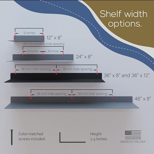 36x12 in Metal Floating Shelf Black Matte Wall Mounted - Made in The USA - Bedroom, Living Room, Bathroom, Kitchen