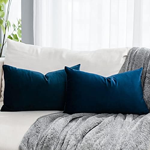 Navy Decorative Lumbar Velvet Throw Pillow Covers 12x20 inch Set of 2 with Zipper Luxury Soft Solid Rectangle Cushion Covers Case for Sofa Couch Bed Living Room