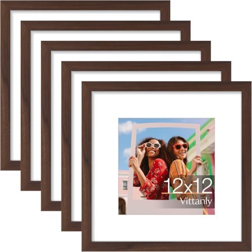 Vittanly 12x12 Picture Frames Set of 5, Wall Mounting, Light Brown