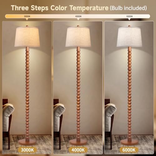 Ruiever Wood Floor Lamp for Living Room,Real Wood Standing Lamp with Color Changing Bulb, Tall Lamp with Linen Shade, Floor Lamp for Bedroom,Corner,Dining Room (Walnut Finish with 3 Color LED Bulb)