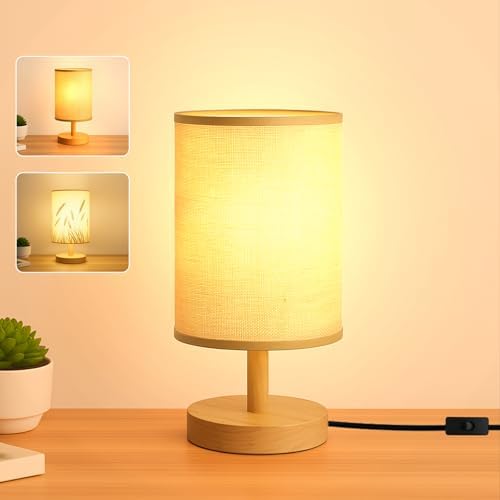 Desk Lamp LED Bulb Included, Small Bedside Table Lamp Plug-in - Classic Wood Base with Flaxen Fabric Shade, Lamps for Night Stands, Simple Nightstand Light for Bedroom, Office, Desk