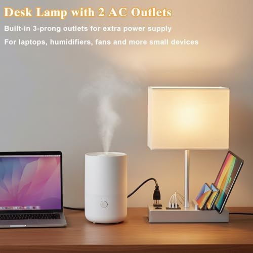 Briever USB Table Lamp, Multi-Functional Desk Lamp with 2 AC Outlets, Bedside Lamp with 3 USB Charging Ports and Wooden Phone Stands, Nightstand Lamp for Bedroom, Livingroom, Office, Silver Woodgrain