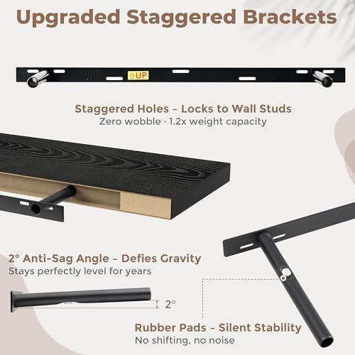 FLYJOE 40 Inch Floating Shelves for Wall Set of 2, 6.5" D Wood Grain Bathroom Shelves with Invisible Brackets, Easy Install Engineered Wood Storage Shelves for Kitchen, Living Room, Bedroom