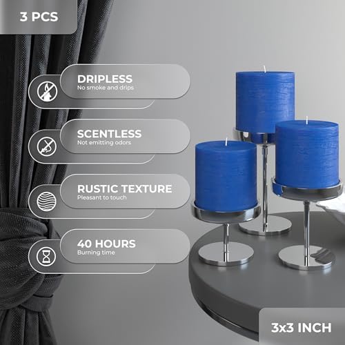 CANDWAX 3x3 Pillar Candles Set of 3 - Rustic Unscented No Drip Blue Candles for Home Decor, Weddings, Centerpieces