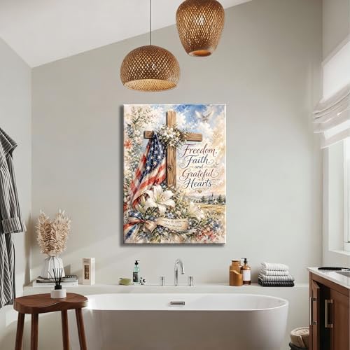 RIBNTAK Patriotic Christian Wall Art Canvas Prints Pictures, Cross and American Flag Artwork Faith Freedom Grateful Hearts Decor, 4th of July Religious Wall Decor for Living Room Bedroom Office
