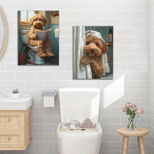 Yaneiro Funny Bathroom Canvas Wall Art-Set of 2 Poodle On Toilet Reading Newspaper Wall Decor Goldendoodle In Shower Humor Animal Poster Picture for Dog Lovers Restroom Ideas Decor 12x16 Inch Framed