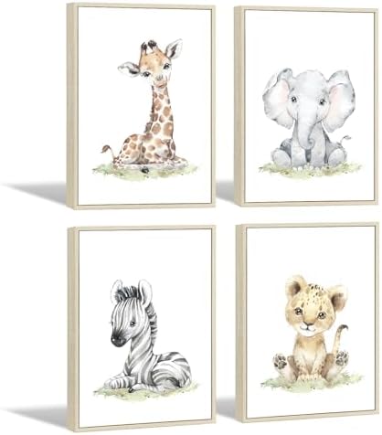 Safari Nursery Wall Art Decor Baby Animal Canvas Wall Art Woodland Nursery Wall Decor Kids Jungle Animal Pictures Safari Giraffe Elephant Tiger Prints for Room Bedroom Set of 4 12x16 Inch Framed