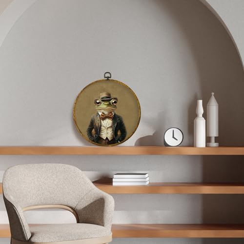 CUANFDDSF Vintage Frog Gentleman Round Wall Art, Dark Academia Whimsical Animal Framed Hanging Wall Decor, Retro Toad Frog Lover Gifts Canvas Prints Decorations for Home Living Room, 10x10 Inch