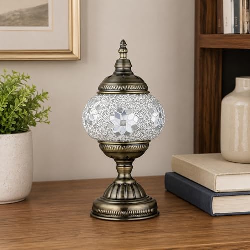 GOGERS Turkish Moroccan Table Lamp Lantern with Handmade Mosaic Glass Lampshade Tiffany Style Bohemian Stained Glass Decorative Desk Lamps Bedside Night Lights for Bedroom (White Fancy)