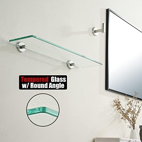JQK Bathroom Glass Shelf, Tempered Glass Shower Storage 24 by 5 inches, 304 Stainless Steel Brushed Finish Wall Mount, TGS101L24-BN