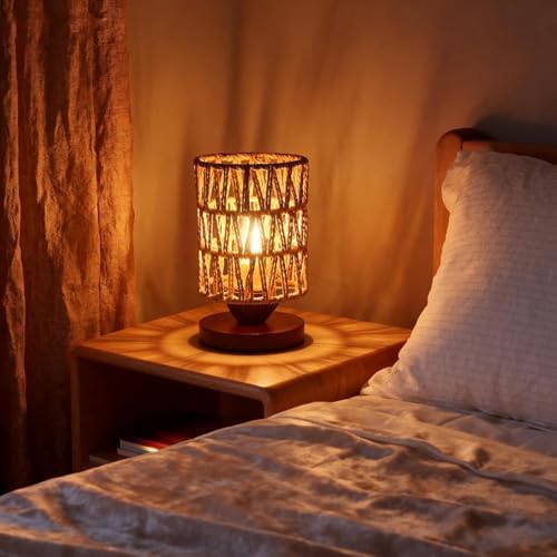 Handmade Rattan Lamp Farmhouse Table Lamp for Bedroom, Stepless Dimming Rustic Woven Lamps for Night Stands with Warm White LED Bulb, Boho-Inspired Boho Lamps for Living Room Kitchen Nook
