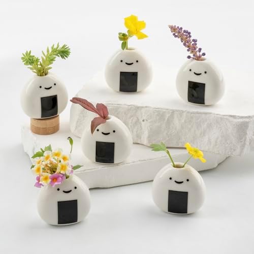 6 PCS Cute Handmade Ceramic Mini Vases - Japanese Onigiri Rice Ball Design for Dried Flowers and Small Stems, Adorable Mini Table Decor, Unique Japanese Craft Gift