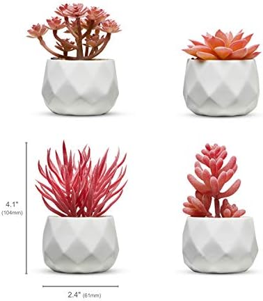 Nordik Set of 4 Desk Plants - Office Decor for Women Desk, Indoor, Living Room, Bedroom, Home and Desk Decor – Pink Faux Succulents in white Geometric Ceramic Planters