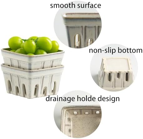 Ceramic Berry Basket, 4.2 in Square Set of 2 with Side Drain Holes