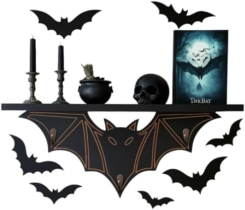 Gothic Bat Shelf Wall Decor with Hooks - Valentines Spooky Goth Themed Gifts for Adults Women with Bat Stickers - Black Floating Shelf for Bedroom Living Room - Unique Vampire Room Lovers Accessories