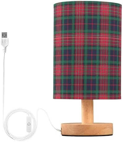 Fustylead Red and Green Plaid Table Lamp for Bedroom USB Port Lamps Small Accent Table Lamp Nightstand Lamp Sturdy Linen Shade Wooden Base Decorative Lamps for Bedside Reading|Kids|Dorm|Home