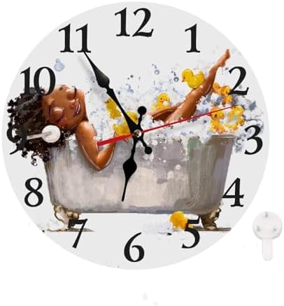 LOKMU Silent Non Ticking Clock 12 Inch, Round Wall Clock,Decorative for Living Room, Kitchen, Home,Bathroom, Bedroom, Office or School, African Woman Taking Shower