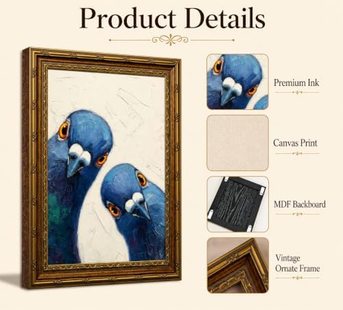 CXKAWM Vintage Gold Framed Whimsical Pigeon Canvas Wall Art 9x11in | Funny Blue Bird Wall Decor Picture Modern Animal Poster Print for Living Room Dining Room Home Decoration