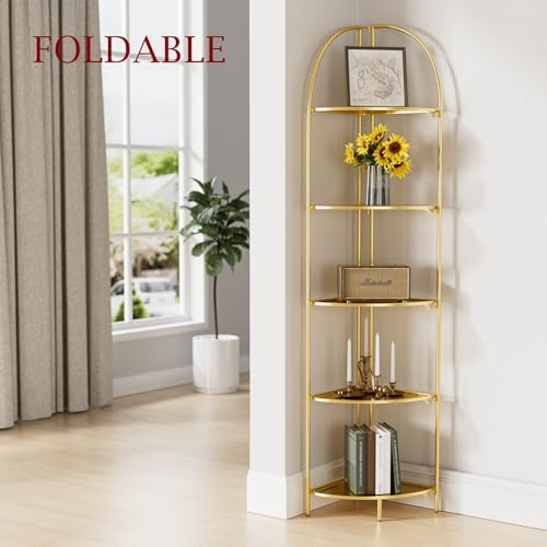 Crofy 5-Tier Foldable Corner Shelf, Metal Gold Frame & Shelves