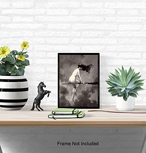 Witchy Pagan Wall Art & Decor - LARGE 11X14 - Vintage Creepy Spooky Gothic Gift for Witchcraft, Wicca, Wiccan, Occult Fan - Witch on Broomstick - Goth Poster Picture Print - Unframed