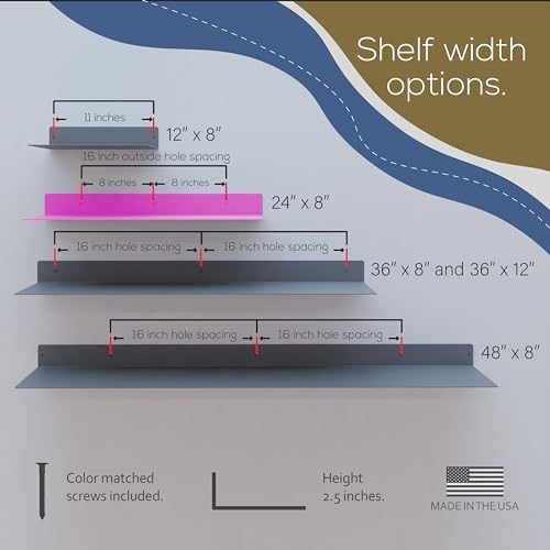 24x8 in Metal Floating Shelf Pink Wall Mounted - Made in The USA - Bedroom, Living Room, Bathroom, Kitchen