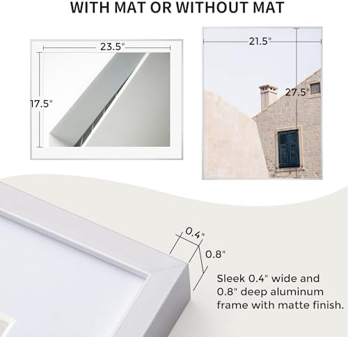 22x28 Metal Picture Frame with 18x24 Mat, Brushed Aluminum Finish, Tempered Glass Front, and Attached Hanging Hardware - Versatile Wall Display Frames for Vertical or Horizontal Orientation(Silver,