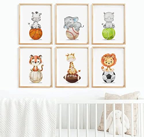 Baby Boy Wall Art Nursery Sports Decor Safari Animal Canvas Wall Art Woodland Baby Boy Room Poster Prints Nursery Artwork Pictures for Bedroom 12x16 set of 6 Inch UNFRAMED