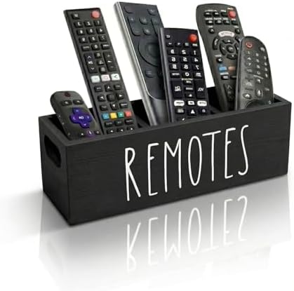 Remote Control Holder, Farmhouse Remote Storage Caddy, Bedside TV Controller Box, Rustic Wood Media Organizer Tray for Home Bedroom Table (Black)