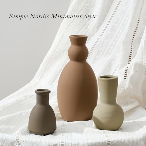 Ceramic Vase Set of 3, Nordic Minimalist Multicolor Vases Home Decor, Rustic Farmhouse Decor Pottery Vases for Bouquet Pampas Grass Dried Fresh Flowers, Living Room, Entryway Mantel, Bedroom, Kitchen