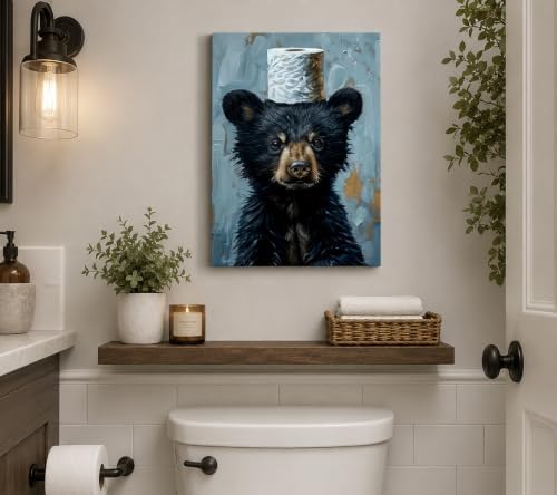 Funny Bathroom Bear Canvas Wall Art, Black Bear with Paper Poster Print Artwork, Humor Animal Painting Picture Wall Decor, for Kids Restroom, Cabin, Bathroom, Home Decoration, 12x16in