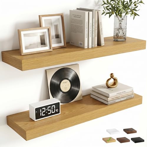 FLYJOE 24 Inch Floating Shelves for Wall Set of 2, 6.5" D Wood Grain Bathroom Shelves with Invisible Brackets, Easy Install Engineered Wood Storage Shelves for Kitchen, Living Room, Bedroom