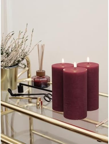 CANDWAX Large Pillar Candles 3x6 Inch – Set of 3 Unscented Dripless Burgundy Candles, Long Burning Rustic Finish for Weddings, Home Decor