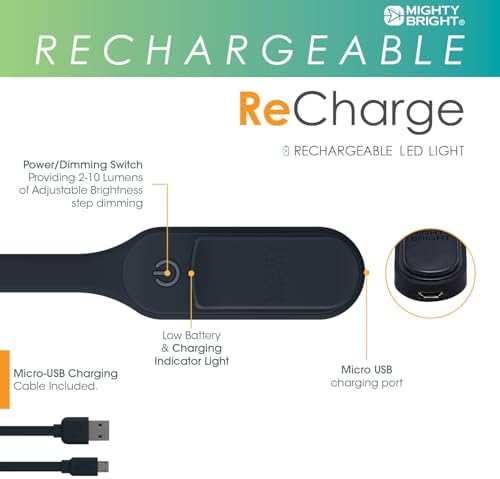 The Original Mighty Bright Recharge Clip On Rechargeable Book Light Reading Light, Warm Eye Care LEDs, Flexible, Durable, Dimmable, Perfect for Kids, Bookworms, Reading in Bed, Lasts 60 Hours (Black)