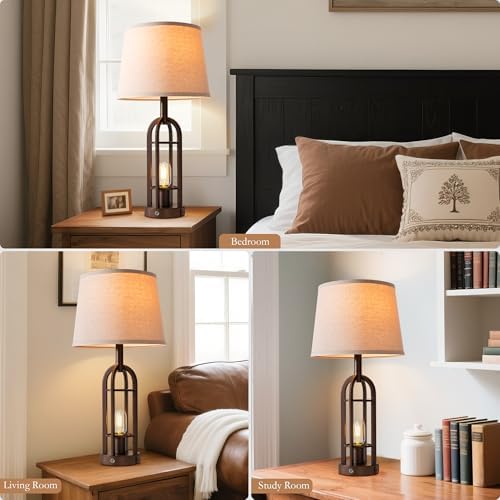 SRJJA 24" Table Lamps for Living Room Set of 2, Rustic Farmhouse 3-Way Dimmable Touch Industrial Bedside Lamps with USB A+C for Bedroom Nightstand，4 Bulbs Included