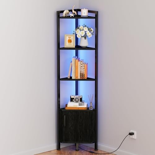 Furnulem 5-Tier Corner Shelf with LED Light,Black Corner Cabinet with Doors